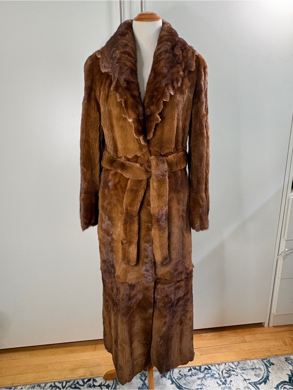 Vintage Bricker-Tunis Full Length Cognac Brown Coat Custom Made Belted Raw Edge
